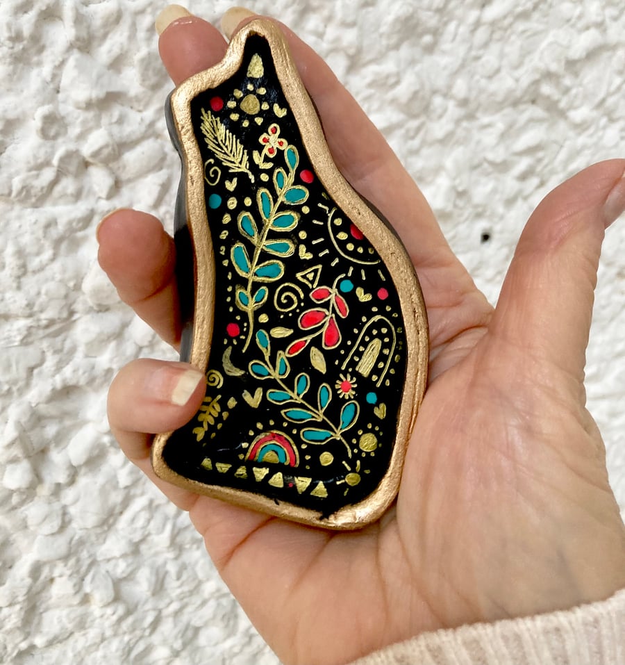 Boho Black Cat Handmade & Hand Painted Trinket Dish