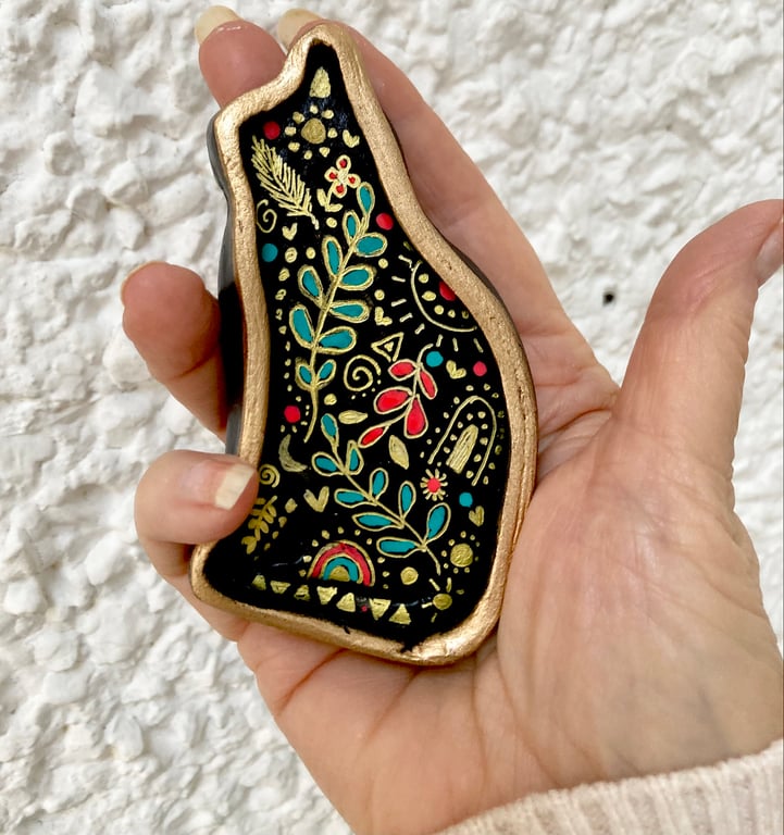 Boho Black Cat Handmade & Hand Painted Trinket Dish