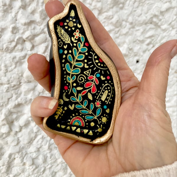 Boho Black Cat Handmade & Hand Painted Trinket Dish