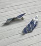Aluminium Stud Earrings, Folded Design, Imprinted Floral Pattern, Silver Blue - Image 3