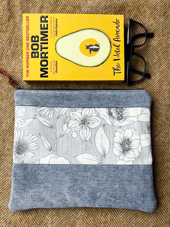 Reclaimed denim and floral book pouch zip bag clutch with reclaimed materials