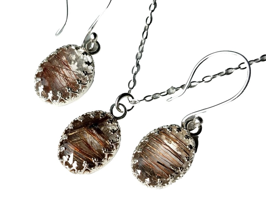 Copper Rutilated Quartz Necklace Earrings Jewellery Gift Set Rose Cut Gemstones