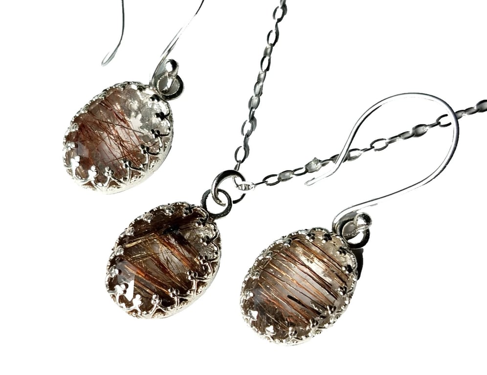 Copper Rutilated Quartz Necklace Earrings Jewellery Gift Set Rose Cut Gemstones