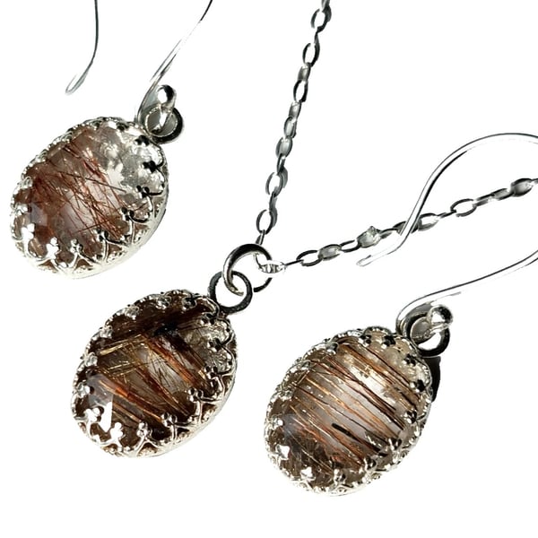 Copper Rutilated Quartz Necklace Earrings Jewellery Gift Set Rose Cut Gemstones