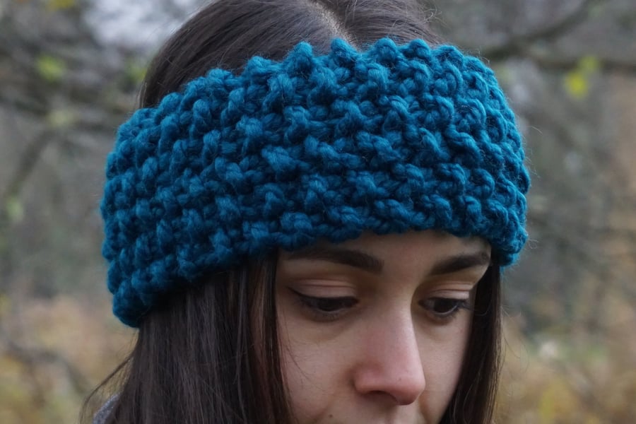 Women's Chunky Knit Soft Acrylic Teal Handmade Stretch Ear Warmer