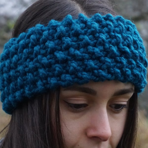 Women's Chunky Knit Soft Acrylic Teal Handmade Stretch Ear Warmer