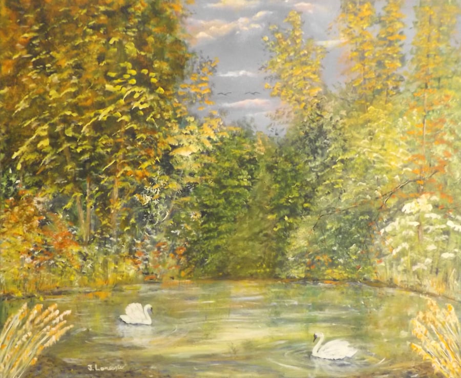 Acrylic painting titled Golden Acre Pond