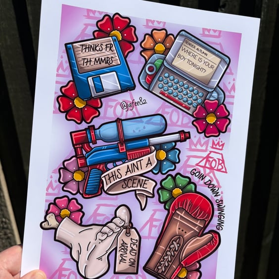 Fall Out Boy Full Colour New School Tattoo Flash Print