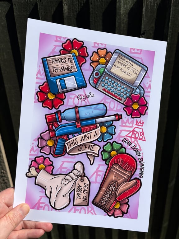 Fall Out Boy Full Colour New School Tattoo Flash Print