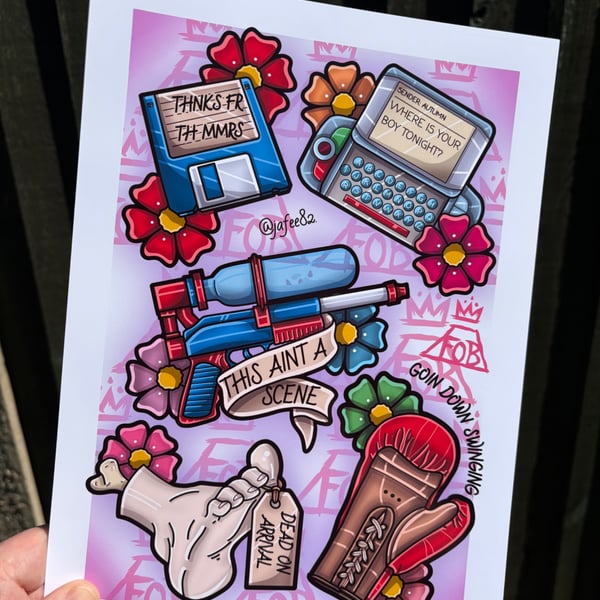 Fall Out Boy Full Colour New School Tattoo Flash Print