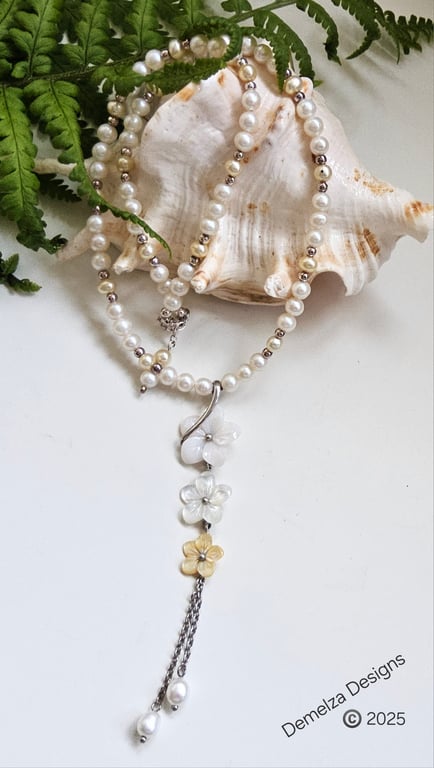 Designer Freshwater Pearl & Mother of Pearl Sterling Silver Necklace