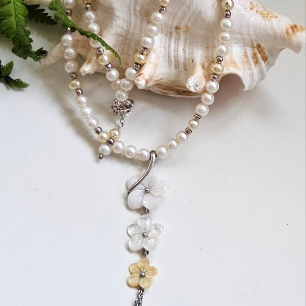 Designer Freshwater Pearl & Mother of Pearl Sterling Silver Necklace