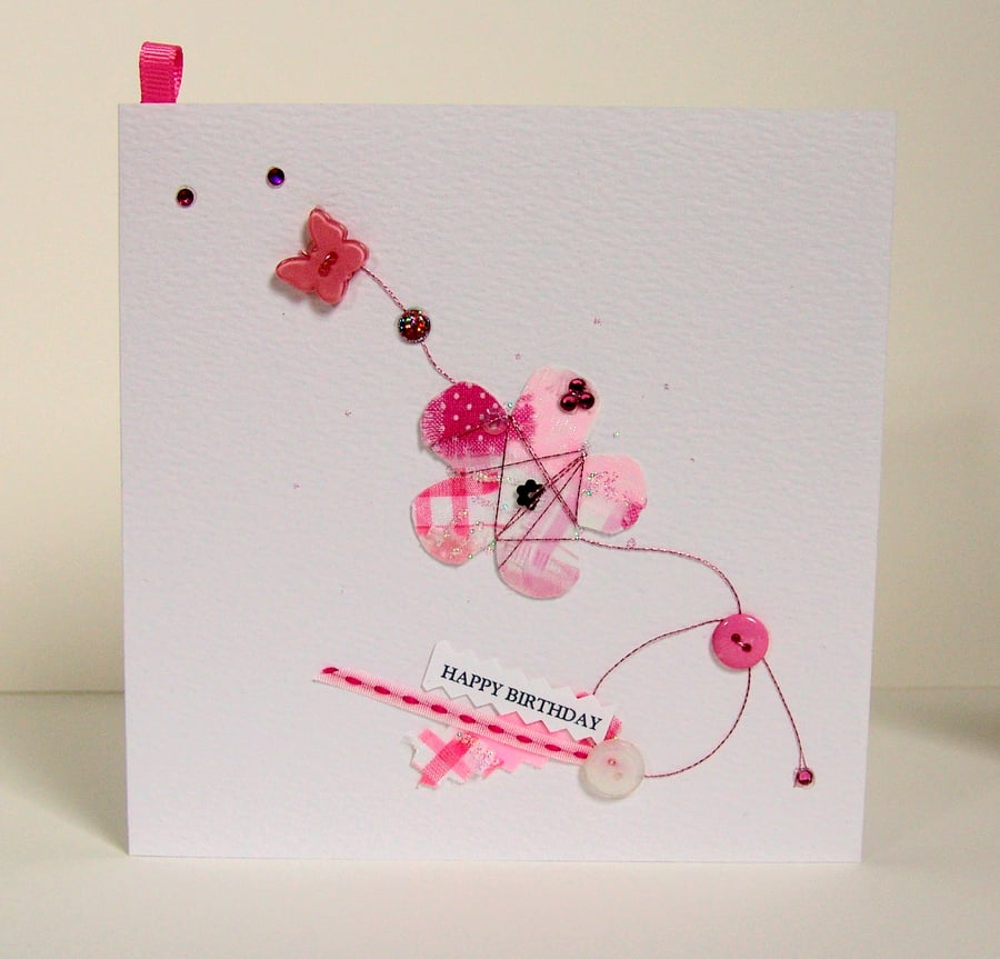 Greeting Card, 'Pink Flower Buttons & Bows', can be personalised