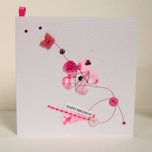 Greeting Card, 'Pink Flower Buttons & Bows', can be personalised