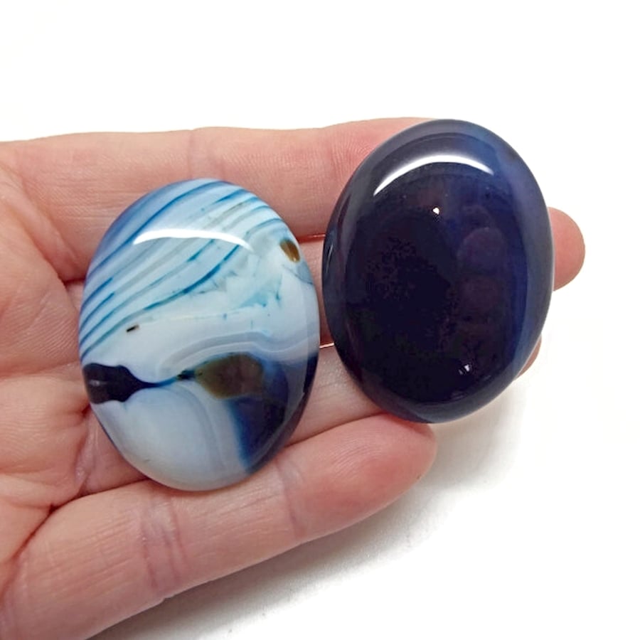 2x 40mm Agate Cabochons in Steel Blue, Oval Jewellery Stones, Wire Wrapping 