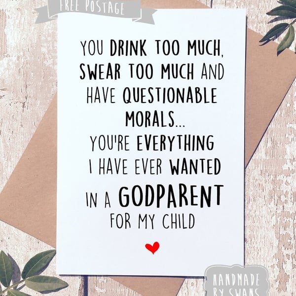 Funny godmother card, godparent card friend, Greeting Card, godfather card funny