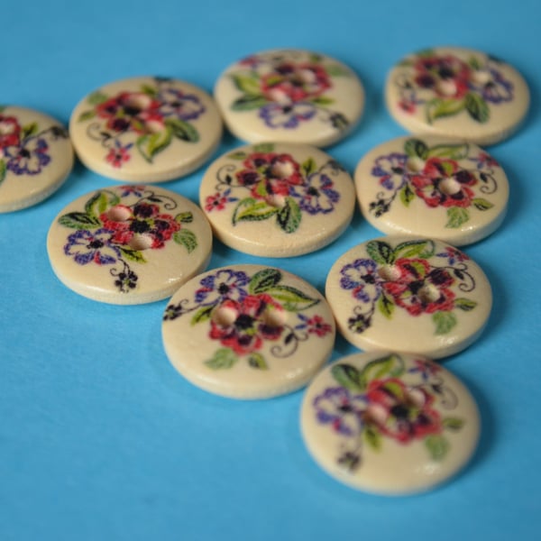 15mm Wooden Purple Red Green Floral Buttons Natural Wood 10pk Flowers (SNF9)