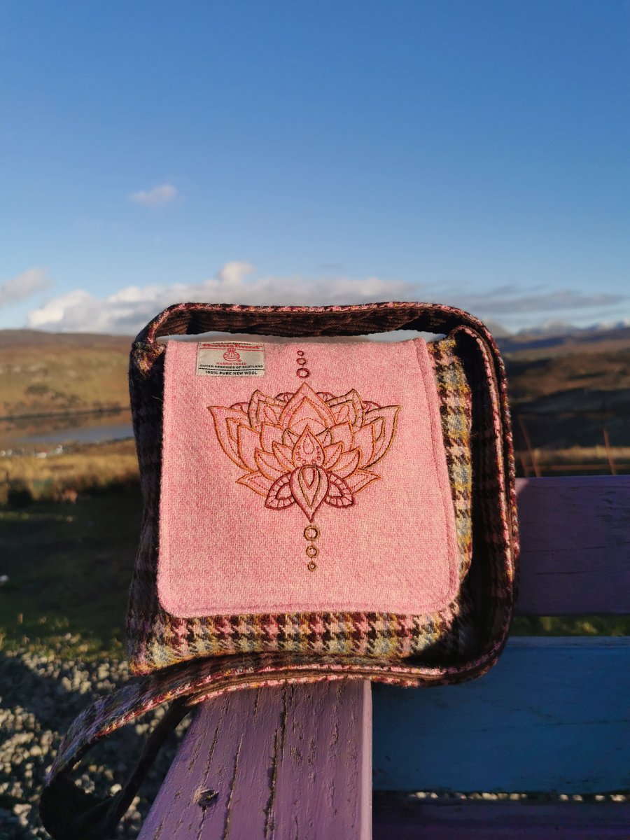 Harris Tweed crossbody bag with lotus design 