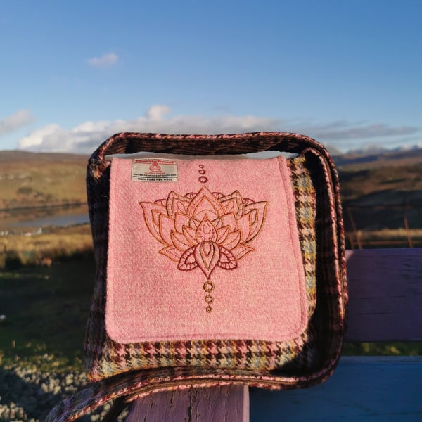 Harris Tweed crossbody bag with lotus design 
