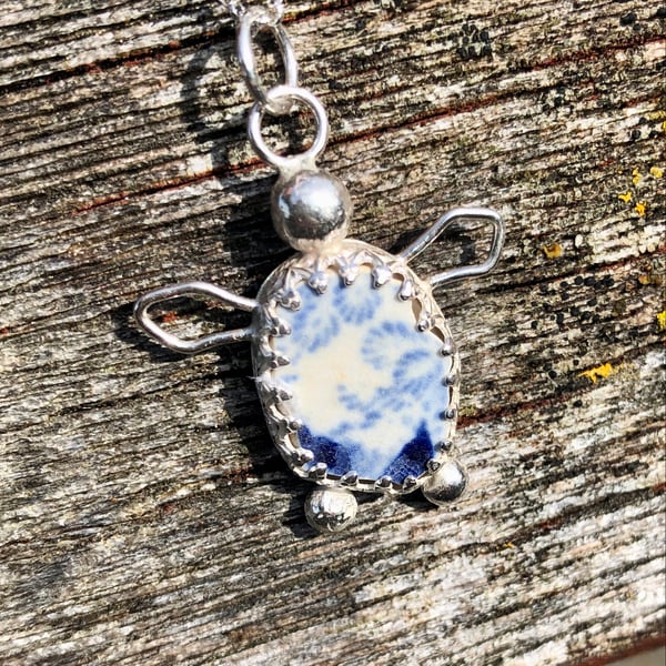 Sea Pottery and Sterling Silver Turtle Pendant - 1292