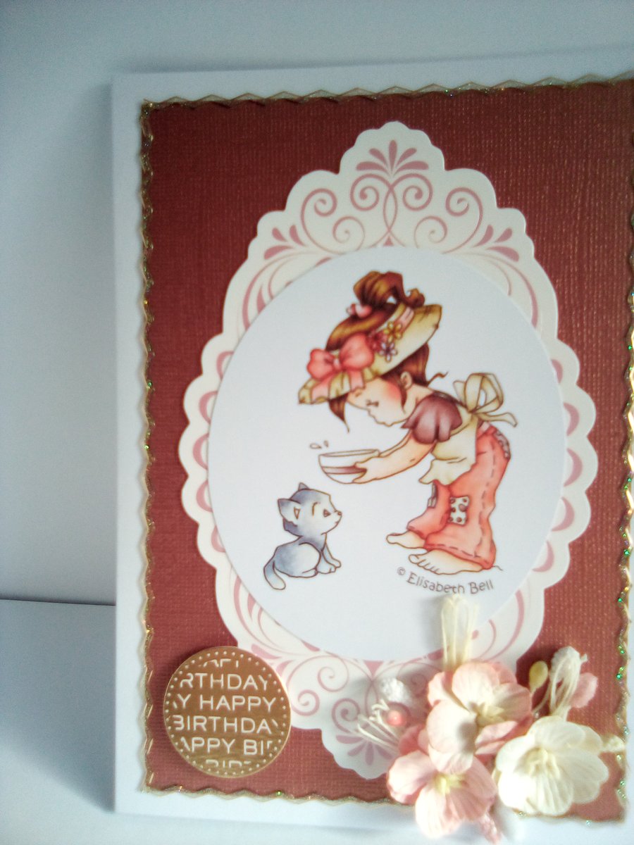 Girl and cat floral embellished handmade Birthday card.