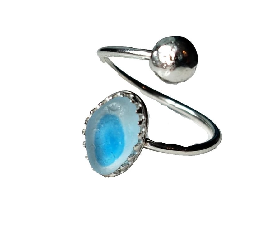 Recycled Sterling Silver & White & Blue Seaham Seaglass Adjustable Ring in Box