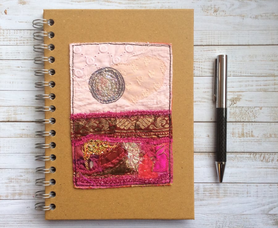 A5 embroidered up-cycled landscape hard backed lined notebook.  