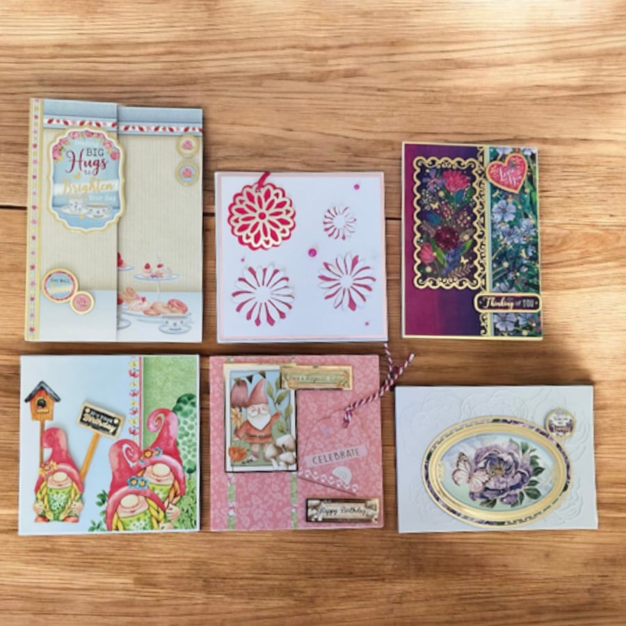 6 Handmade Greeting Card Set – Assorted Decoupage & Mixed Media Destash Cards