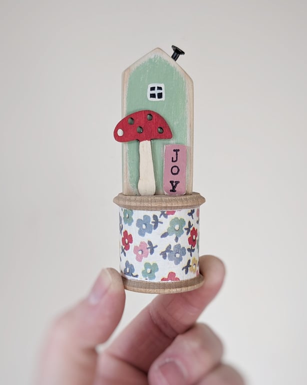 Little Wooden House on a Vintage Bobbin 'Joy' 