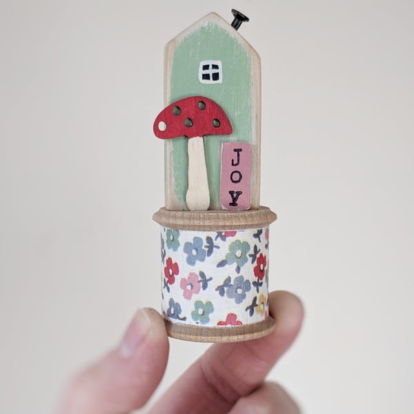 Little Wooden House on a Vintage Bobbin 'Joy' 
