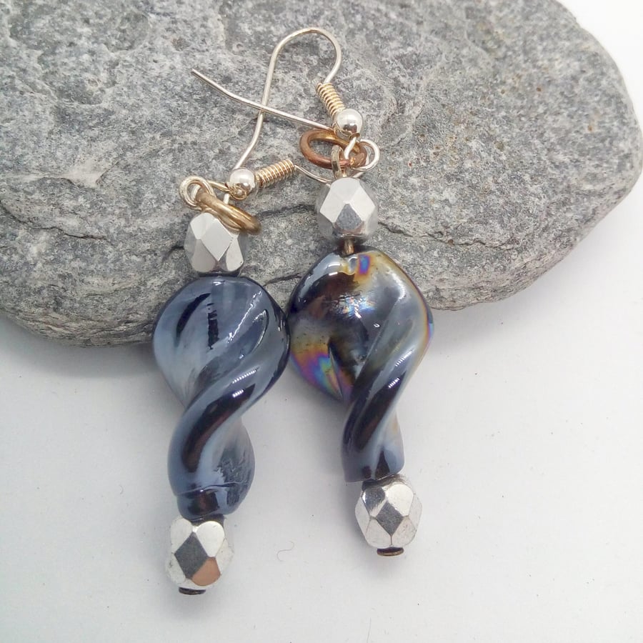 Silver Plated Earrings with Black Iridescent Twist Bead and Silver Faceted Bead