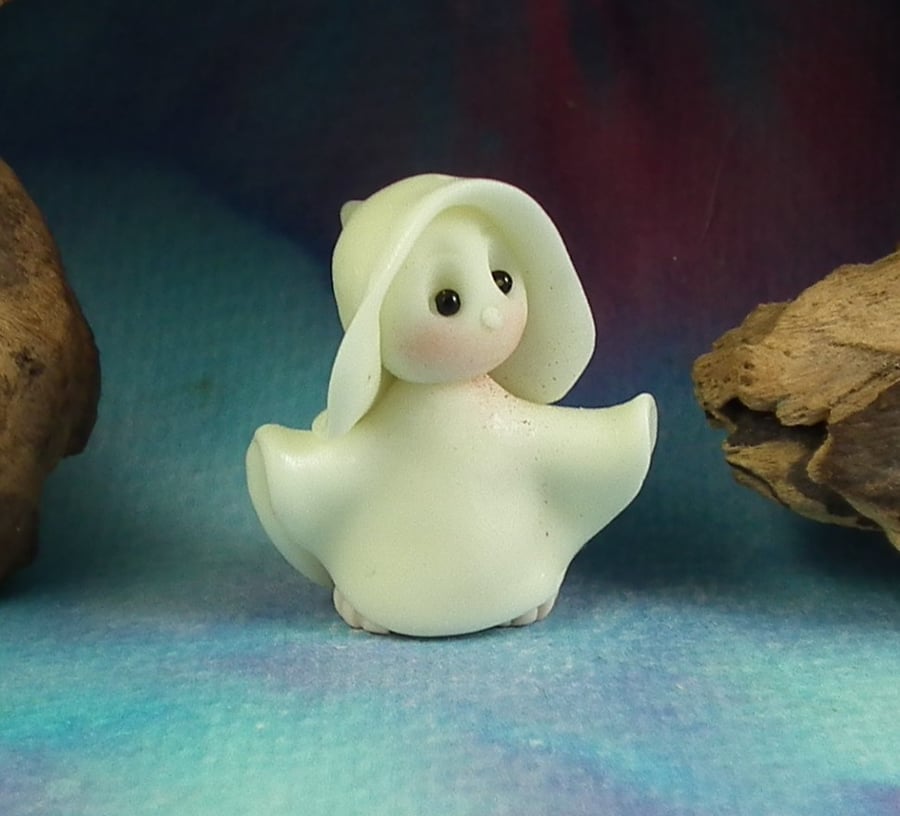 Tiny Ghost Gnome 'Eeek' under sheet  Glow-in-the-dark OOAK Sculpt by Ann Galvin