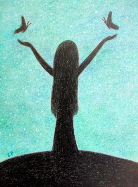 Spiritual Art Card, Lady and Butteflies Silhouette, Blank Greeting Card 