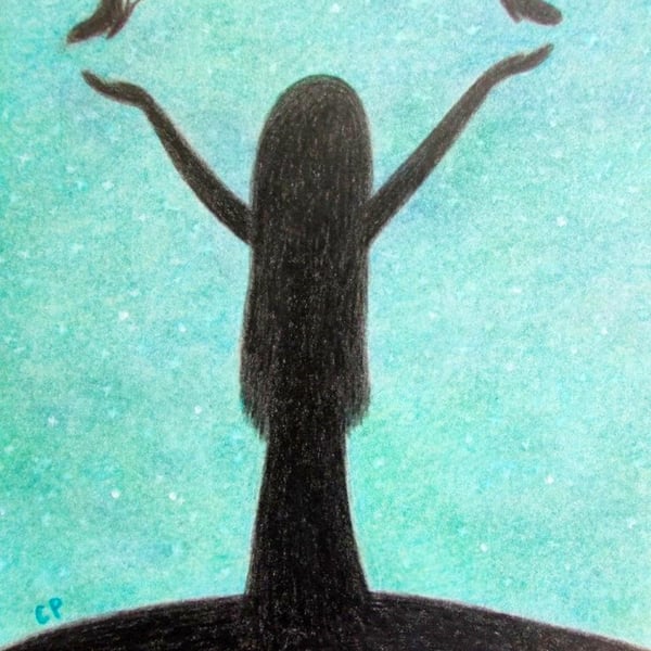 Spiritual Art Card, Lady and Butteflies Silhouette, Blank Greeting Card 