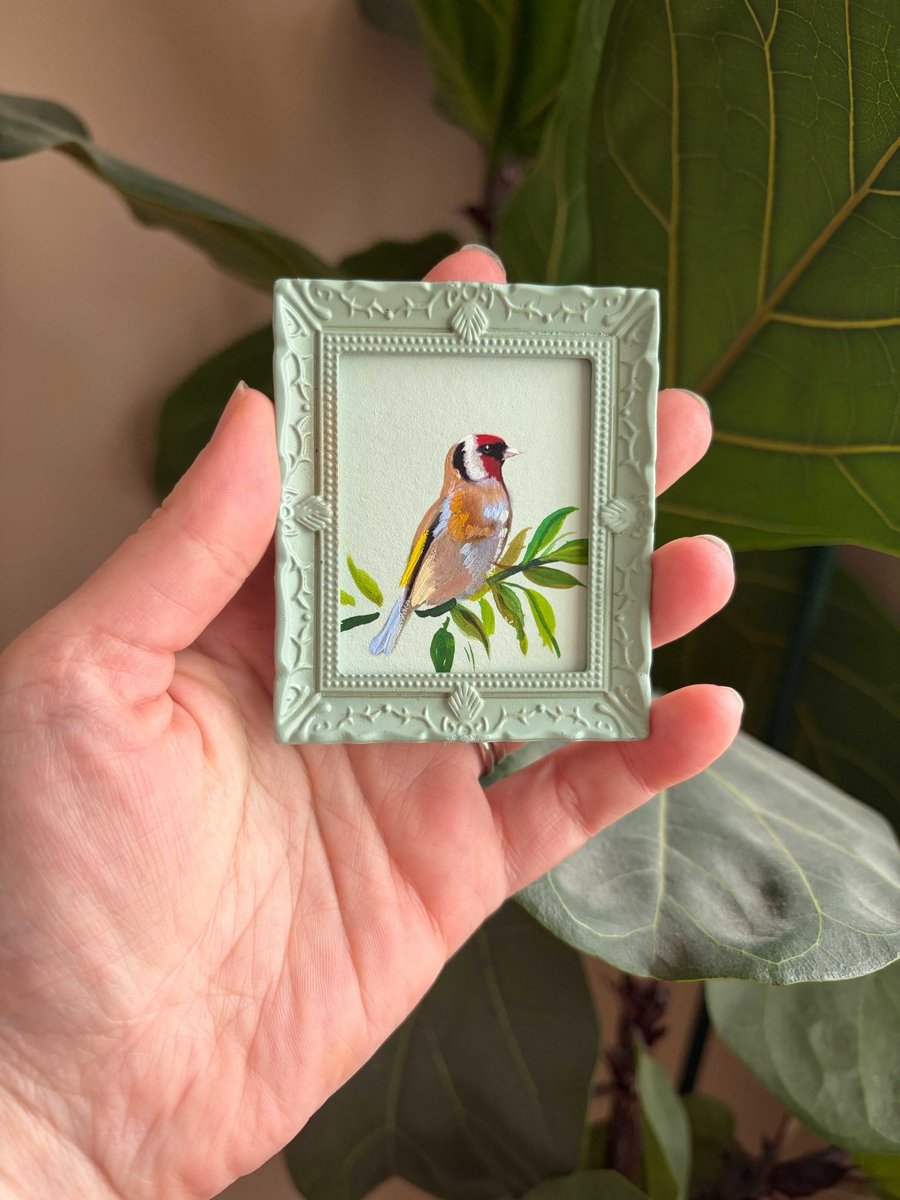 Miniature European Goldfinch Acrylic Painting - Cottagecore decor, Bird watcher 