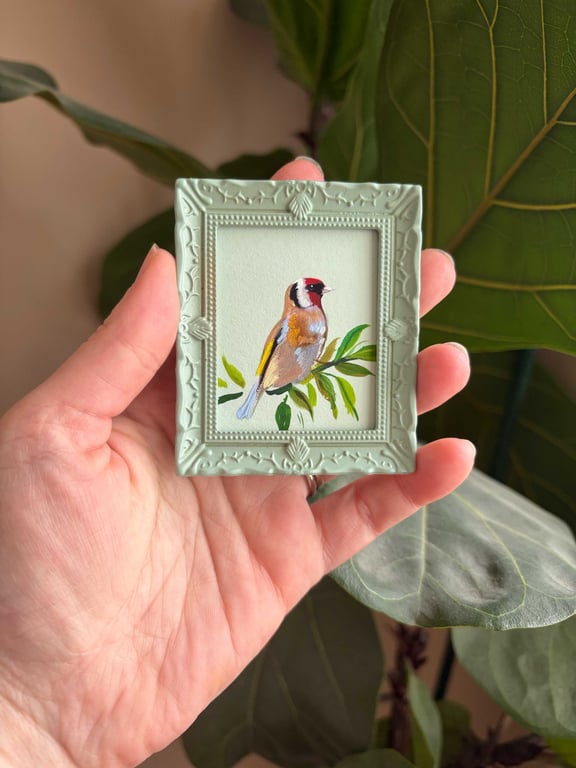 Miniature European Goldfinch Acrylic Painting - Cottagecore decor, Bird watcher 