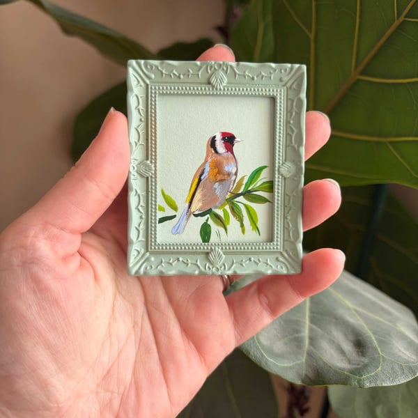Miniature European Goldfinch Acrylic Painting - Cottagecore decor, Bird watcher 