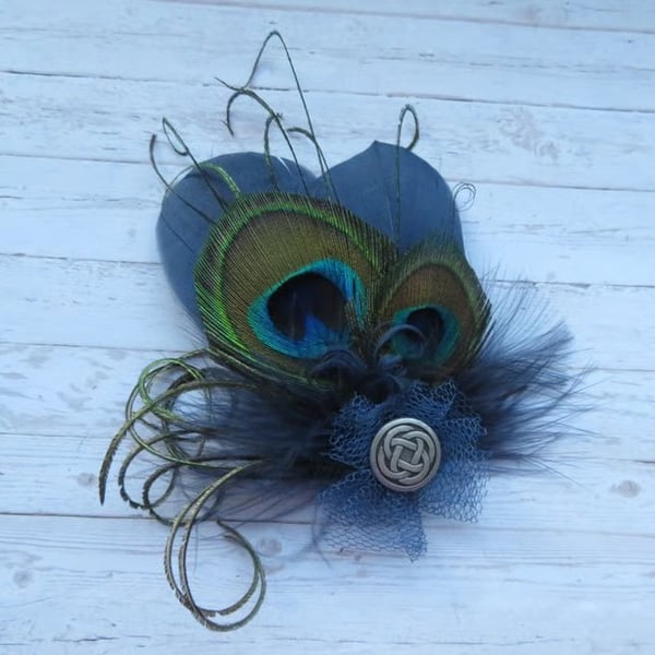 Navy Blue Peacock Feather Celtic Scottish Fascinator Hair or Hat Clip 