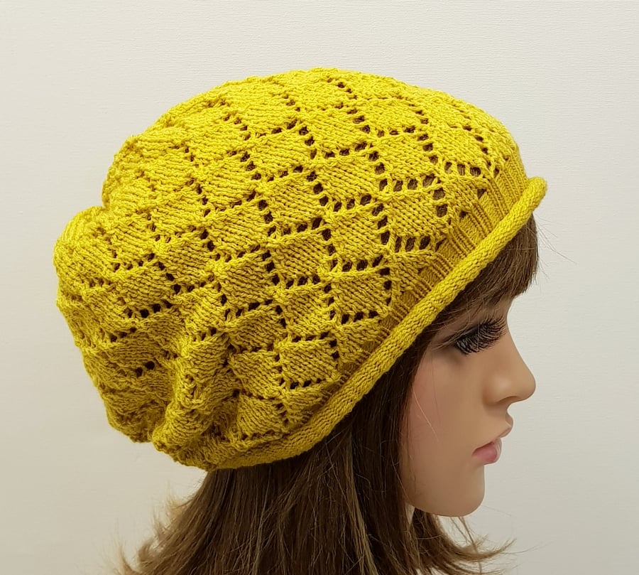 Handmade mustard lace beret, fall tam, knitted slouchy beanie hat for women