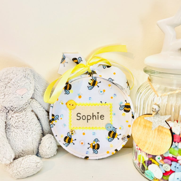 Personalised Bee Name Hoop - Bumblebee Keepsake Embroidery Hoop - Nursery Decor 