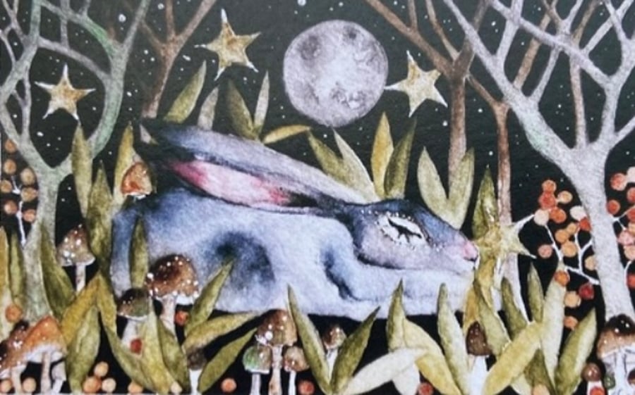 Resting Hare Rabbit in Woodland under the Moon and Stars Watercolour Art Print