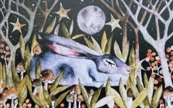 Resting Hare Rabbit in Woodland under the Moon and Stars Watercolour Art Print