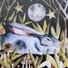 Resting Hare Rabbit in Woodland under the Moon and Stars Watercolour Art Print
