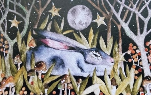 Resting Hare Rabbit in Woodland under the Moon and Stars Watercolour Art Print