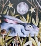 Resting Hare Rabbit in Woodland under the Moon and Stars Watercolour Art Print