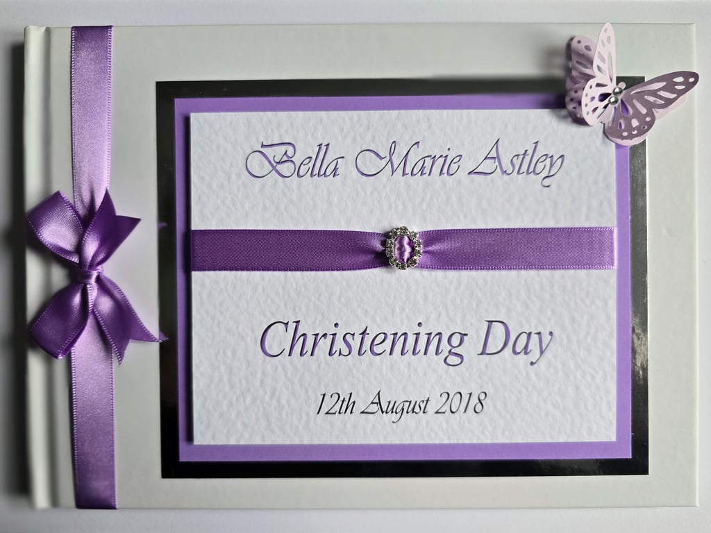 Lilac christening guest book, girl christening book, keepsake, gift
