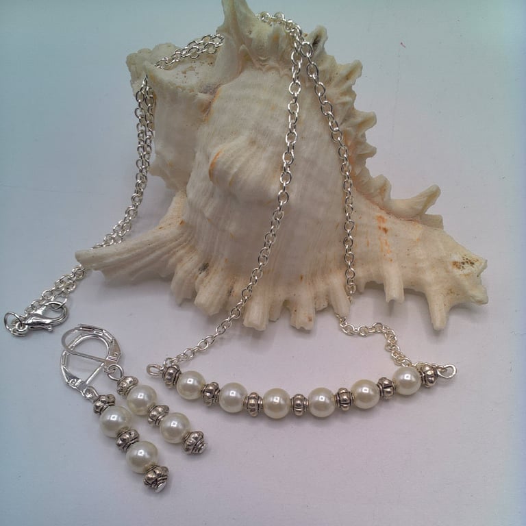 Cream Pearl & Silver Bead Bar on a Silver Plated Chain & Earrings, Gift for Her