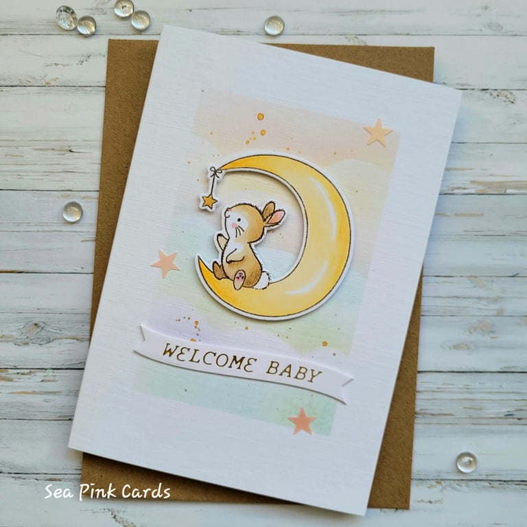New Baby Card Bunny - moon, stars, welcome baby, handcrafted card