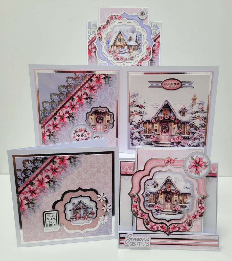 Set of 5 Coordinating Christmas Cards - Pink Poinsettia Snowy Homes