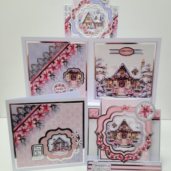 Set of 5 Coordinating Christmas Cards - Pink Poinsettia Snowy Homes